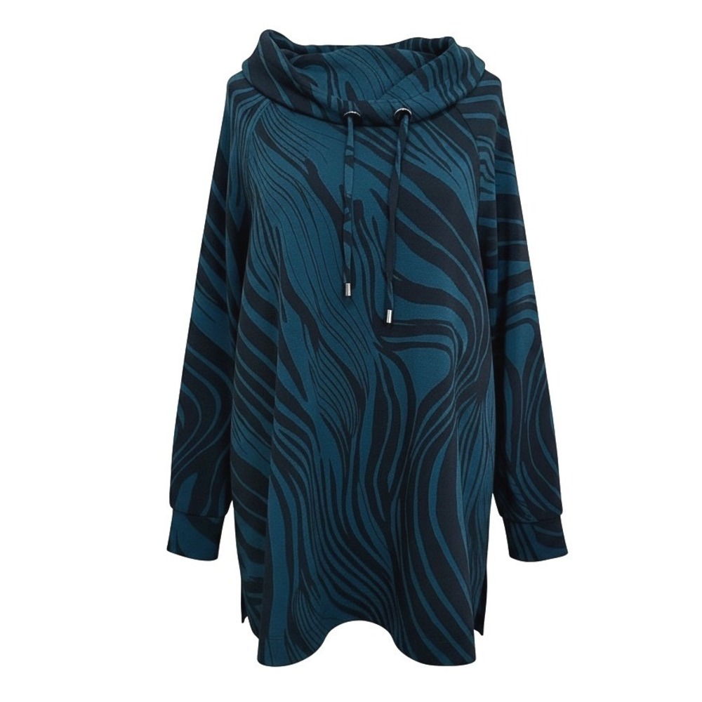 Chicos Teal Black Abstract Wave Print Cowl Neck Tunic Top Size 3 XL